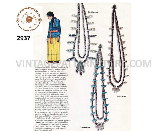 70s vintage Native American beaded macrame necklace jewelry jewellery pdf macrame pattern 3 designs to make Instant PDF download 2937