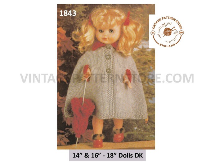 80s vintage 14" 16" DK dolls clothes cape and umbrella pdf knitting pattern Instant PDF download 1843