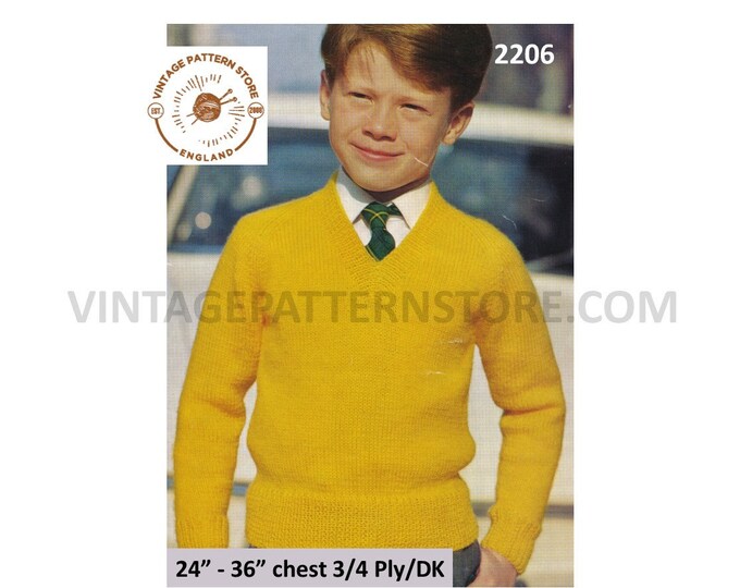 Boys 80s vintage DK 3 ply & 4 ply plain and simple easy to knit V neck raglan sweater jumper pdf knitting pattern 24" to 36" Download 2206