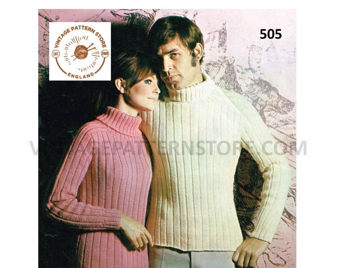 Womens Ladies Mens 70s vintage turtleneck polo neck ribbed rib raglan sweater jumper pdf knitting pattern 34" to 42" chest PDF download 505