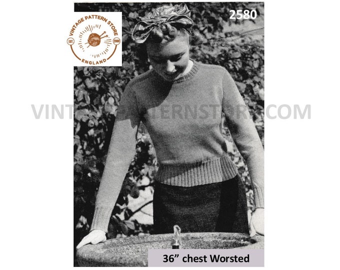 Ladies Womens 40s vintage easy to knit round neck worsted raglan sweater jumper pdf knitting pattern 36" chest Instant PDF download 2580
