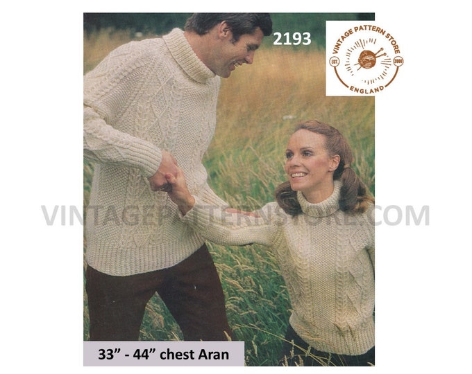 Ladies Womens Mens 80s vintage polo neck turtleneck cable cabled aran sweater jumper pdf knitting pattern 33" to 44" chest PDF download 2193
