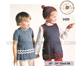 Girls Toddlers 70s vintage DK round neck short and sleeveless Summer dress pdf knitting pattern 20" to 24" chest Instant PDF download 1420