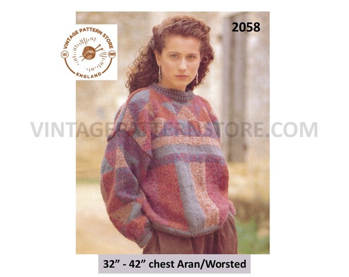 Ladies Womens 90s crew neck colour blocked geometric drop shoulder dolman aran sweater jumper pdf knitting pattern 32" to 42" Download 2058
