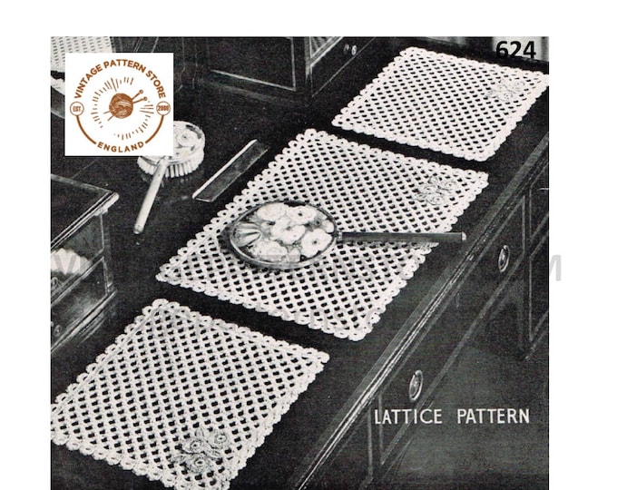 50s vintage rectangular lattice lace cheval dressing table set place mats doily doilies pdf crochet pattern Instant PDF Download 624