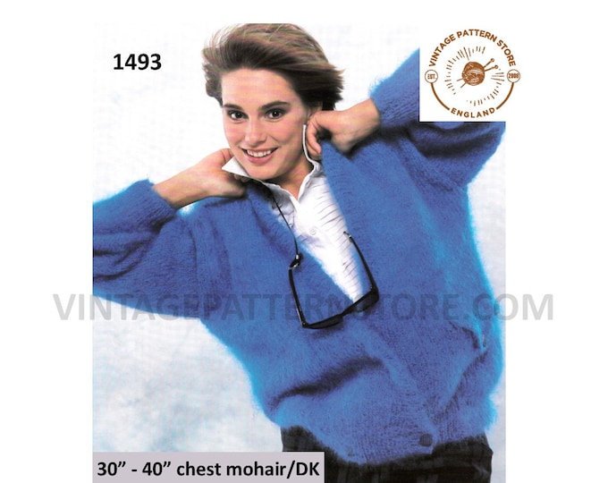 Ladies Womens 90s V neck easy to knit crossover mohair dolman cardigan jacket knitting pattern 30" - 40" chest PDF Download 1493