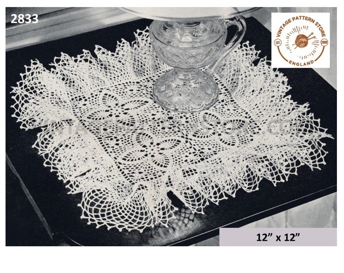 40s vintage square ruffle edge floral star doily doilies pdf crochet pattern 12" by 12" Instant PDF download 2833