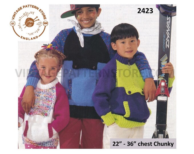 Boys Girls 90s chunky easy to knit crew or zip neck colour blocked sweater jumper with pocket pdf knitting pattern 22" to 36" Download 2423