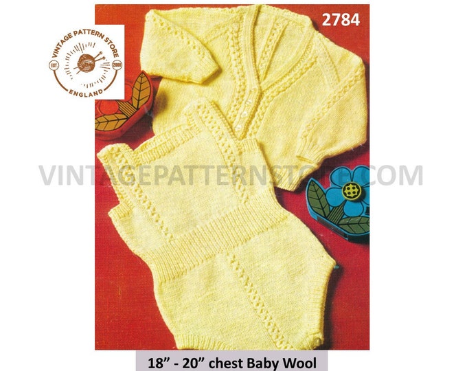 Baby Babies 70s vintage DK cable cabled all in one romper play suit & V neck raglan cardigan pdf knitting pattern 18" to 20" Download 2784