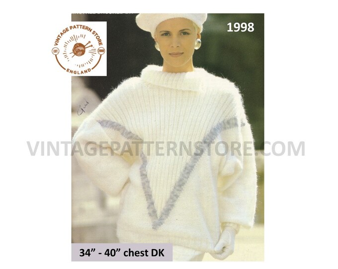 Womens Ladies 90s DK shawl collar split neck drop shoulder dolman sweater jumper pdf knitting pattern 34" to 40" Instant PDF download 1998
