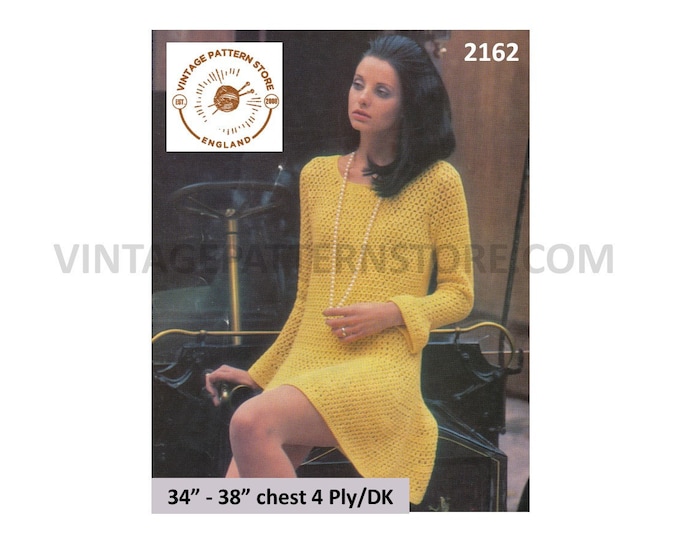 Ladies Womens 60s vintage 4 ply or DK round neck long sleeve raglan Summer dress pdf crochet pattern 34" to 38" chest PDF download 2162