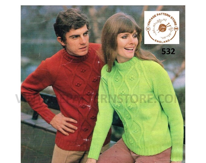 Ladies Womens Mens 70s vintage crew or polo neck cabled cable panel DK raglan sweater jumper pdf knitting pattern 32" to 40" Download 532