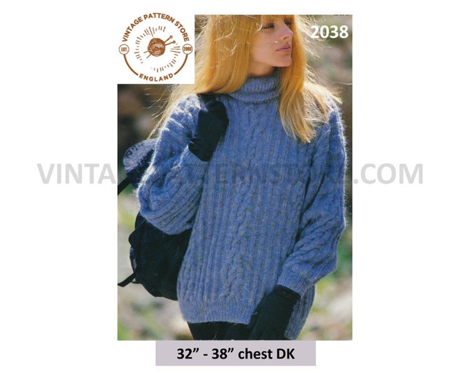 Ladies Womens 90s DK polo neck cabled cable & rib ribbed drop shoulder dolman sweater jumper pdf knitting pattern 32" to 38" Download 2038
