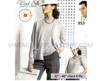 Ladies Womens 80s vintage plain and simple easy to knit 4 ply twin set cardigan sweater knitting pattern 32" to 40" chest PDF download 953