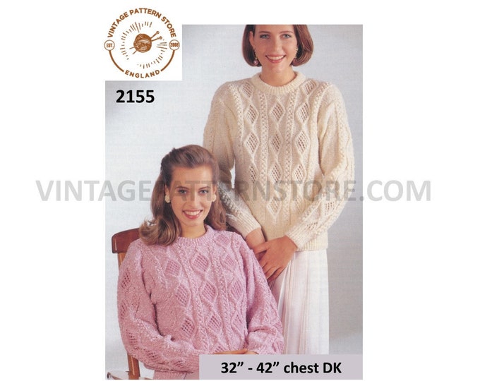 Ladies Womens 90s crew neck cabled cable and lace raglan DK sweater jumper pdf knitting pattern 32" to 42" chest Instant PDF download 2155