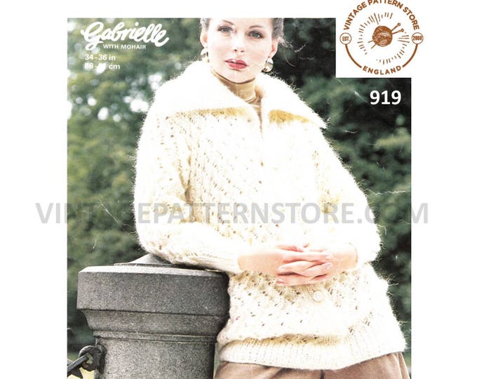 Ladies Womens 70s vintage chunky knit V neck collared diagonal lacy rib ribbed cardigan jacket pdf knitting pattern 34" to 36" Download 919
