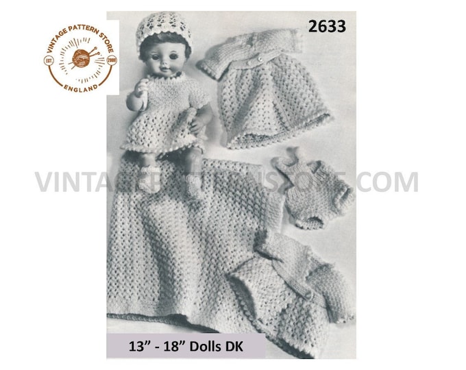 60s vintage 13" 14" 15" 16" 17” 18" Baby doll clothes DK dress coat hat socks PDF knitting pattern PDF download 2633