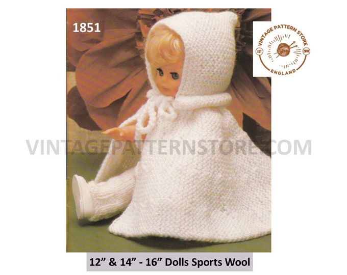 80s vintage 12" 16" 5 ply dolls clothes hooded cape and trousers pdf knitting pattern Instant PDF Download 1851