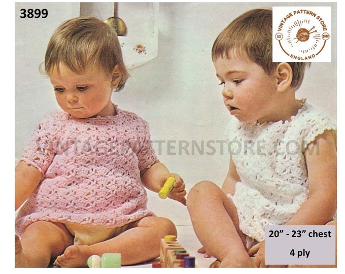Baby Babies Toddlers 70s vintage 4 ply short or cap sleeve picot round neck dress pdf crochet pattern 20" to 23" chest PDF download 3899