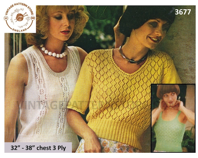 Womens 80s vintage strappy lacy lace slipover Summer top & scoop neck short sleeve sweater pdf knitting pattern 32" to 38" Download 3677