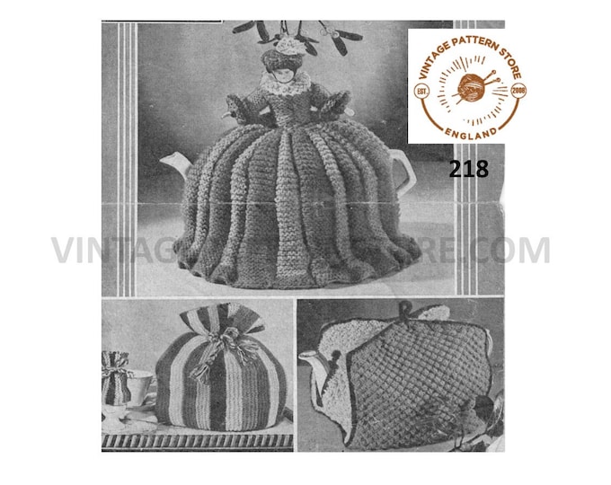 30s vintage DK crinoline lady and easy to knit striped & square egg and tea cosy pdf knitting pattern Instant PDF Download 218