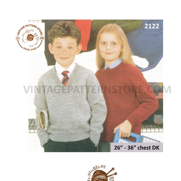 Childrens Girls Boys plain & simple easy to knit V round neck DK raglan school sweater jumper knitting pattern 26" - 36" PDF Download 2122