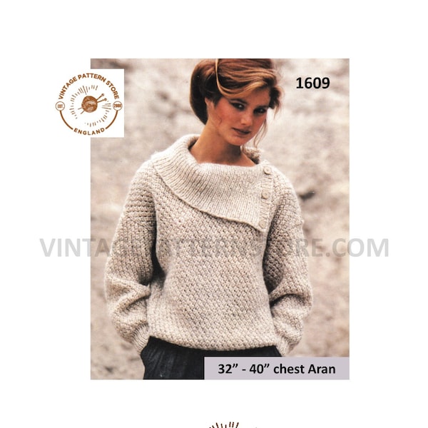 Ladies Womens 90s split neck collar drop shoulder raglan aran sweater jumper pullover pdf knitting pattern 32" to 40" chest Download 1609