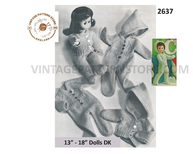 60s 13" 14" 15" 16" 17" 18" DK Baby dolls clothes pixie hood all in one romper play suit trousers hoodie pdf knitting pattern Download 2637