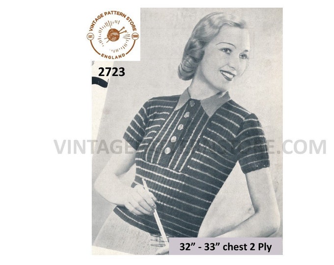 Womens Ladies 30s vintage 2 ply shirt neck short sleeve striped Summer sweater jumper blouse pdf knitting pattern 32" to 33" Download 2723