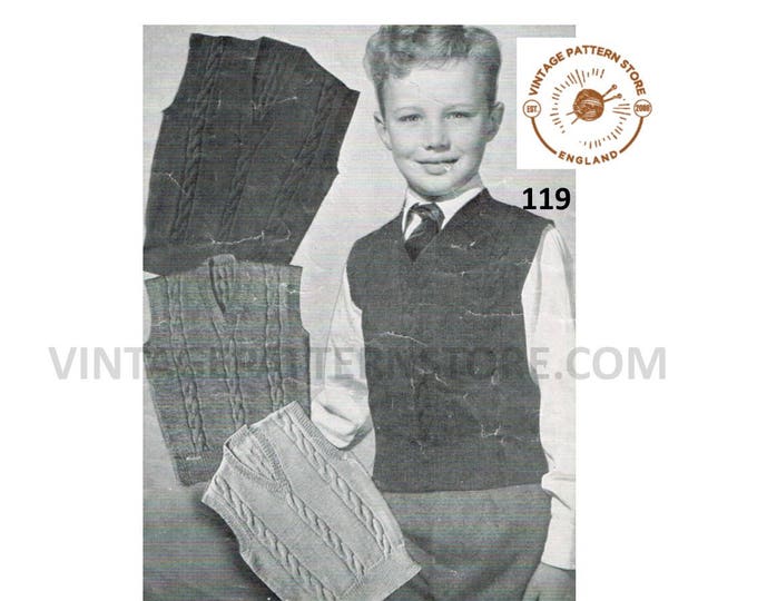 Boys 40s vintage 3 ply and 4 ply V neck cable cabled sleeveless sweater vest tank top pdf knitting pattern 23" to 27" chest PDF Download 119