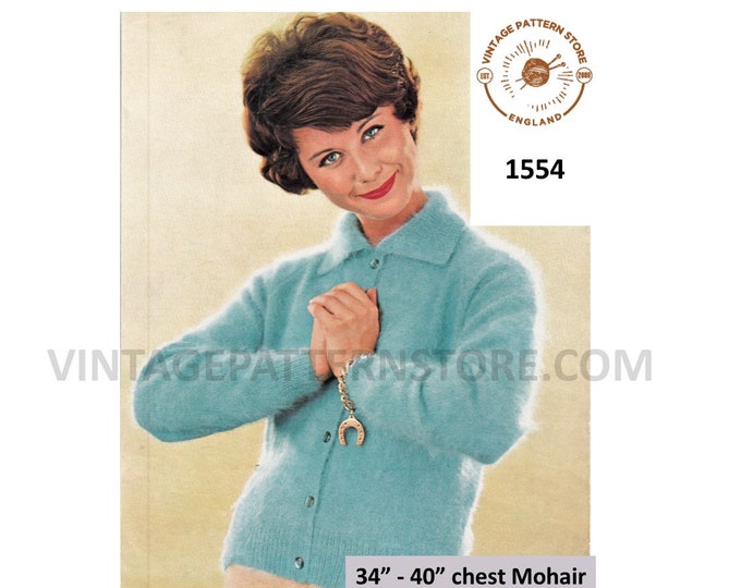 Ladies Womens 50s vintage easy to knit round neck collared raglan mohair cardigan jacket pdf knitting pattern 34" to 40" chest Download 1554