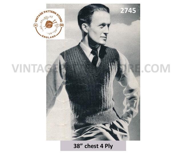 Mans Mens 30s vintage 4 ply V neck rib ribbed sleeveless sweater vest slipover tank top pdf knitting pattern 38" chest Instant Download 2745