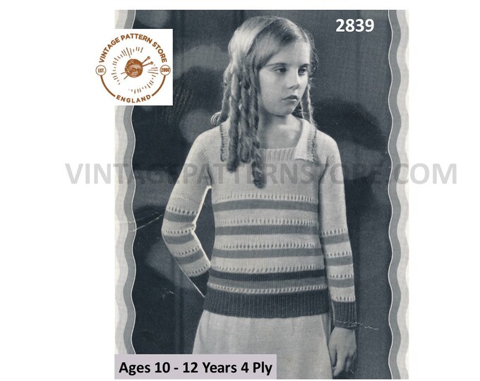 Girls 30s vintage 4 ply square neck lacy lace striped raglan sweater jumper pdf knitting pattern Age 10 to 12 years Instant download 2839