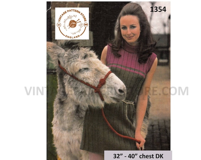 Ladies Womens 70s vintage DK polo neck turtleneck wide ribbed sleeveless midi sweater dress pdf knitting pattern 32" to 40" Download 1354