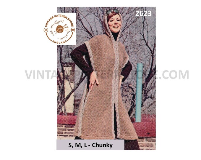 Ladies Womens 70s vintage chunky knit hooded cabled cap sleeve cable edge poncho jacket pdf knitting pattern PDF download 2623