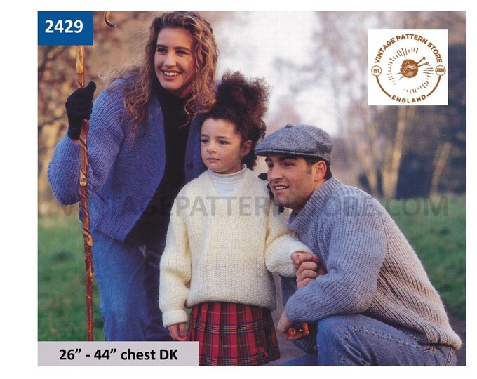 Ladies Womens Mens Boys Girls 90s family easy to knit crew V neck DK raglan cardigan sweater pdf knitting pattern 26" to 44" Download 2429