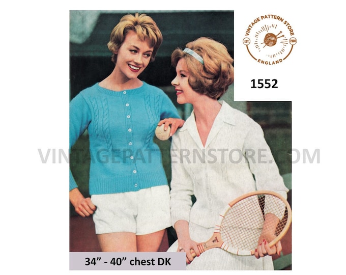 Ladies Womens 50s vintage DK V or round neck twist cable cabled raglan cardigan pdf knitting pattern 34" to 40" bust Instant Download 1552