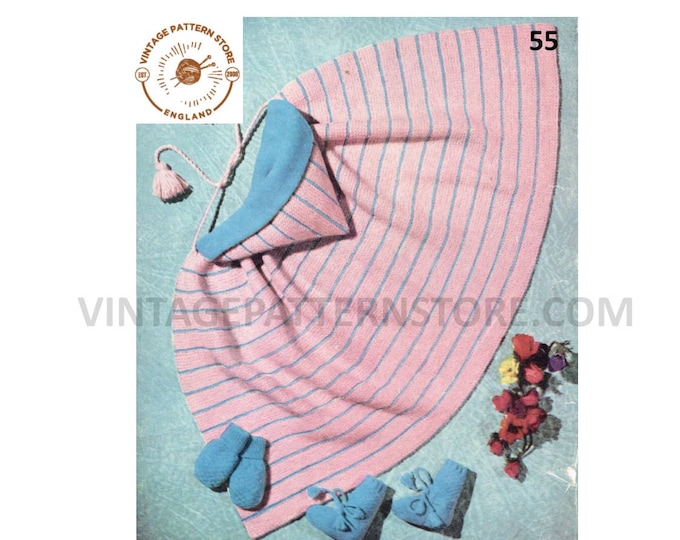 Baby Babies 50s striped 3 ply lined chunky knit hooded carry cape shawl booties mittens pdf knitting pattern 1 to 12 months PDF Download 55
