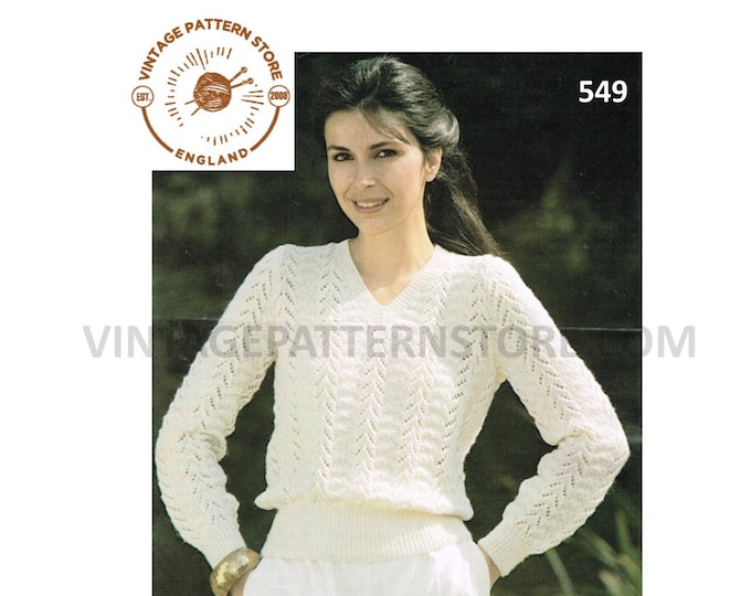 Ladies Womens 90s 4 ply V neck chevron eyelet lace lacy raglan sweater jumper pdf knitting pattern 32" to 40" chest Instant PDF download 549
