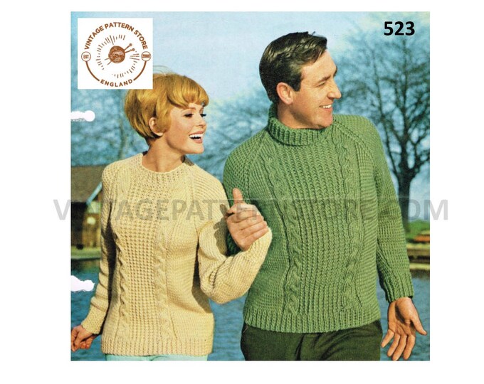 Ladies Womens Mens 70s vintage crew polo neck cabled cable panel raglan DK sweater jumper pdf knitting pattern 36" to 46" PDF download 523