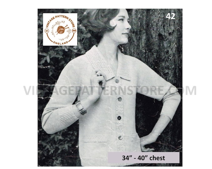Ladies Womens 50s vintage easy to knit V neck collared textured texture edge raglan cardigan pdf knitting pattern 34" to 40" Download 42