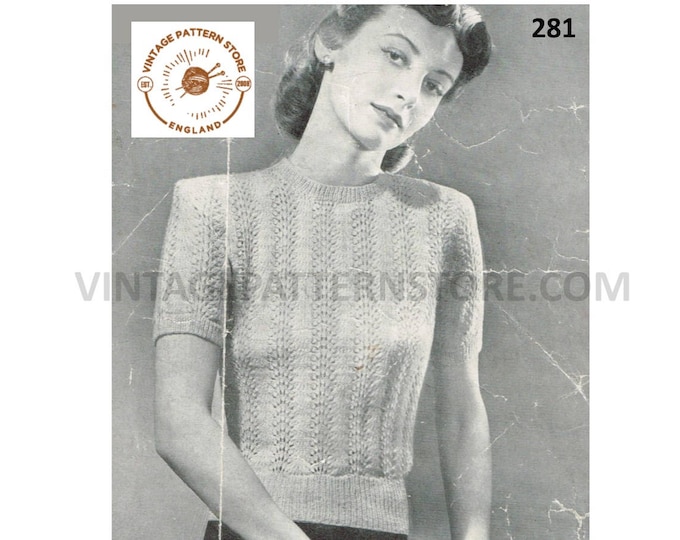 Ladies Womens 40s vintage round neck box shoulder short sleeve lacy raglan Summer sweater jumper pdf knitting pattern 33" chest Download 281