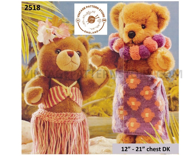 90s 4 ply Teddy bear clothes Hawaiian outfit sarong beachwear set pdf knitting pattern 12" to 21" chest Instant PDF download 2518