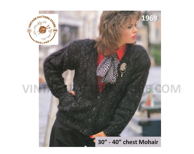 Ladies Womens 90s V neck cable cabled drop shoulder raglan mohair cardigan jacket pdf knitting pattern 30" to 40" chest PDF download 1969