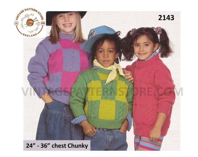 Boys Girls 90s chunky knit crew neck cable cabled check colour block raglan sweater jumper pdf pattern 24" to 36" chest PDF Download 2143