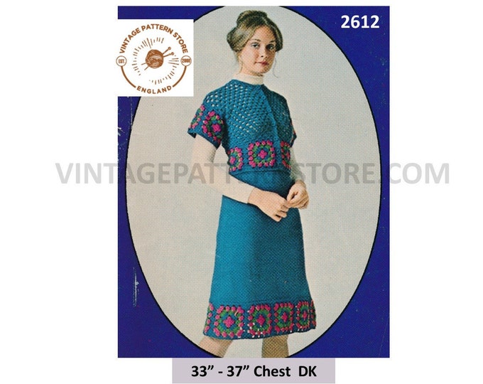 Ladies Womens 70s vintage DK crochet A line skirt & short sleeve cardigan top pdf crochet pattern 33" to 37" chest Instant PDF download 2612