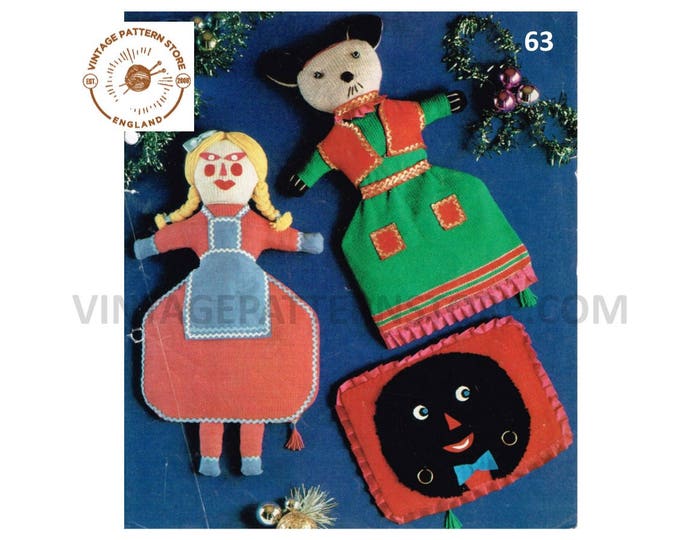 70s vintage novelty bazzar DK doll & Russian bear pyjama nightdress case pdf knitting pattern Instant PDF Download 1319