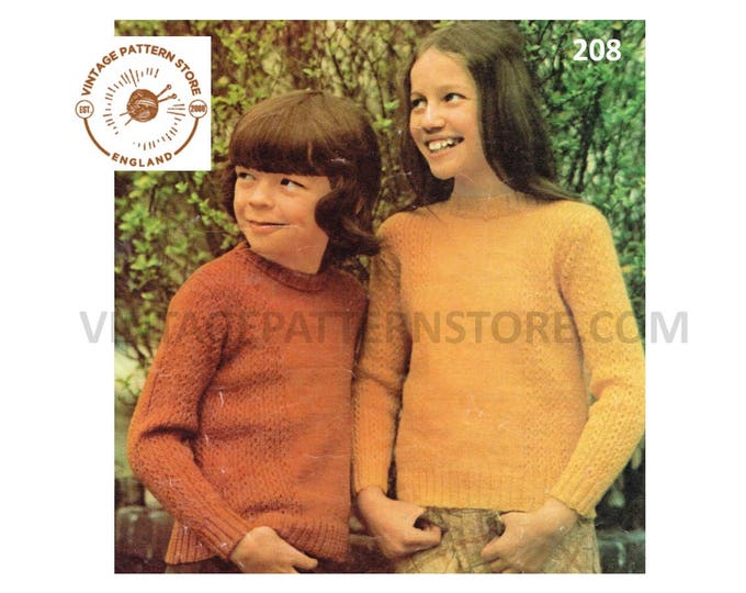 Childrens Boys Girls 70s vintage polo or crew neck 4 ply raglan sweater jumper pdf knitting pattern 26" to 30" chest Instant Download 208