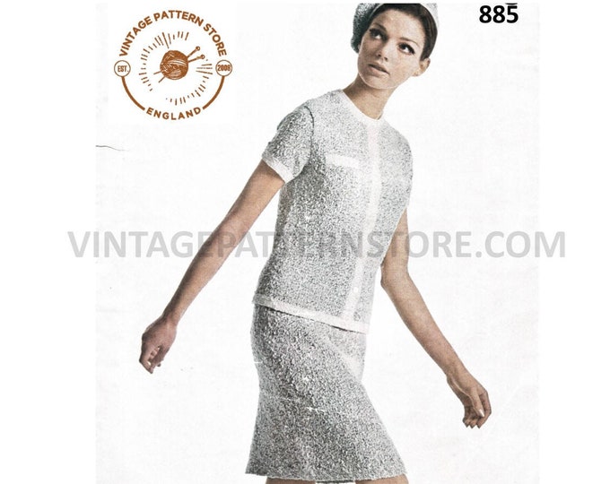 Ladies Womens 60s vintage DK suit short sleeve round neck raglan cardigan jacket & skirt pdf knitting pattern 34" to 40" chest Download 885