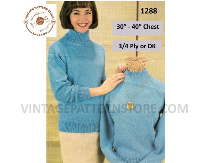 Ladies Womens 70s vintage simple & easy to knit 4 ply polo or crew neck raglan sweater jumper pdf knitting pattern 30" to 40" Download 1288